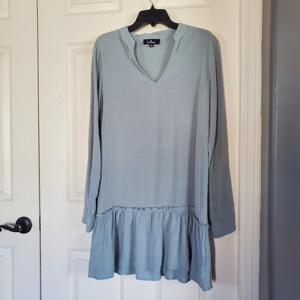 Lulu's Pullover Mini Dress Tiered Long Sleeves Relaxed Fit Size Medium Linen